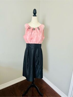 Pink and Black Midi Dress with Embellished Neckline